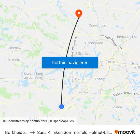 Borkheide Bahnhof to Sana Kliniken Sommerfeld Helmut-Ulrici-Kliniken Kremmen OT map