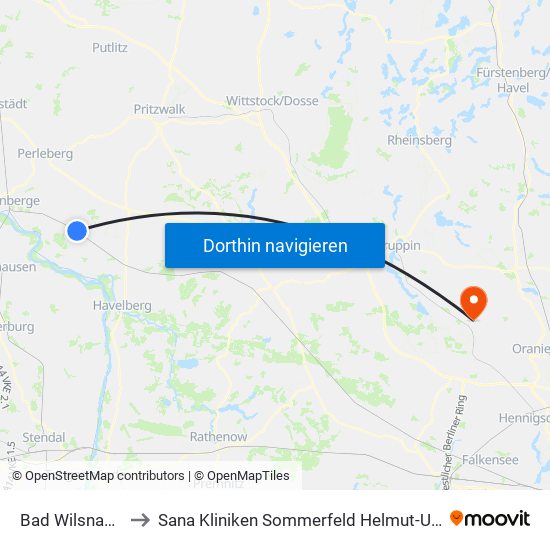 Bad Wilsnack Bahnhof to Sana Kliniken Sommerfeld Helmut-Ulrici-Kliniken Kremmen OT map