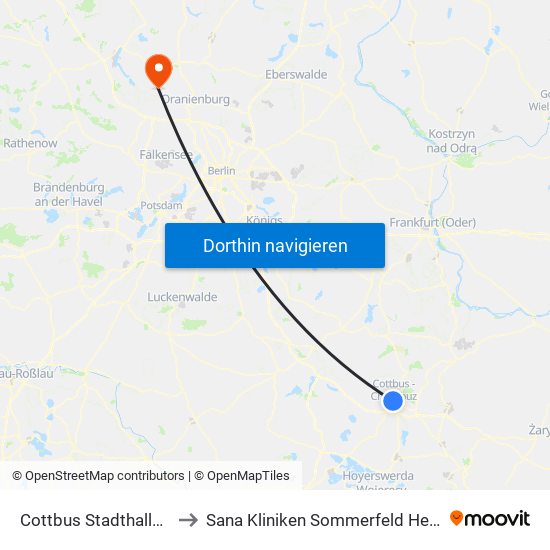 Cottbus Stadthalle Puschkinpromenade to Sana Kliniken Sommerfeld Helmut-Ulrici-Kliniken Kremmen OT map