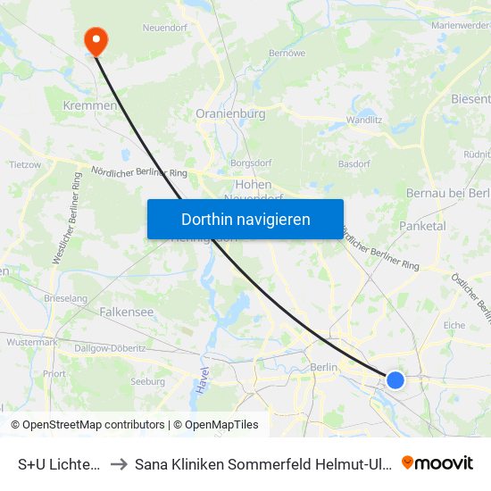 S+U Lichtenberg Bhf to Sana Kliniken Sommerfeld Helmut-Ulrici-Kliniken Kremmen OT map