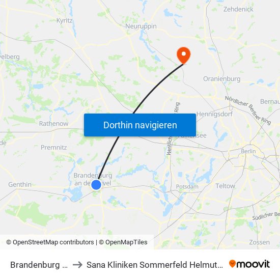 Brandenburg Grillendamm to Sana Kliniken Sommerfeld Helmut-Ulrici-Kliniken Kremmen OT map