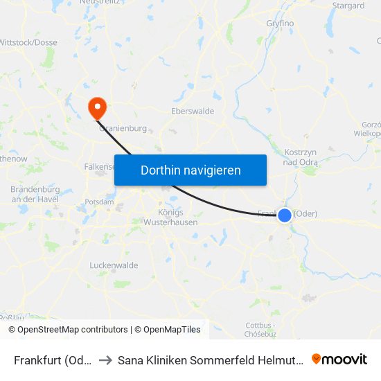 Frankfurt (Oder) Kieler Str. to Sana Kliniken Sommerfeld Helmut-Ulrici-Kliniken Kremmen OT map