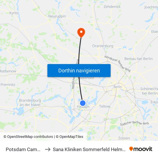 Potsdam Campus Jungfernsee to Sana Kliniken Sommerfeld Helmut-Ulrici-Kliniken Kremmen OT map