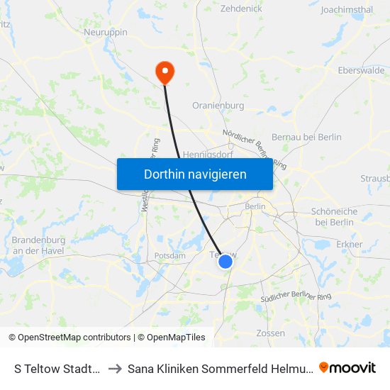 S Teltow Stadt/Gonfrevillestr. to Sana Kliniken Sommerfeld Helmut-Ulrici-Kliniken Kremmen OT map
