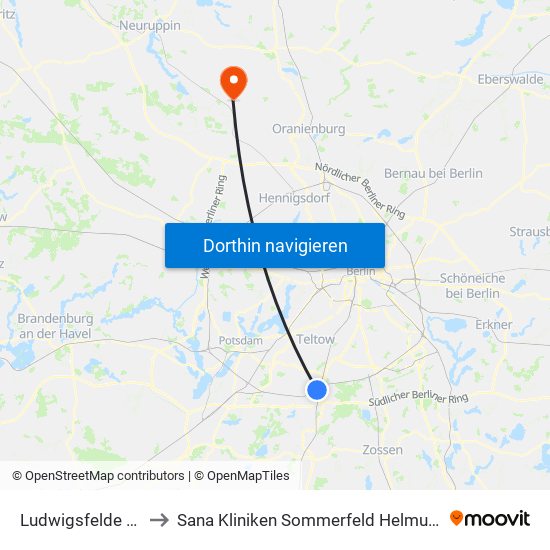 Ludwigsfelde G.-Daimler-Str. to Sana Kliniken Sommerfeld Helmut-Ulrici-Kliniken Kremmen OT map