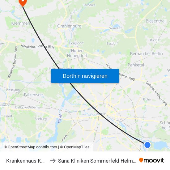 Krankenhaus Köpenick/Südseite to Sana Kliniken Sommerfeld Helmut-Ulrici-Kliniken Kremmen OT map