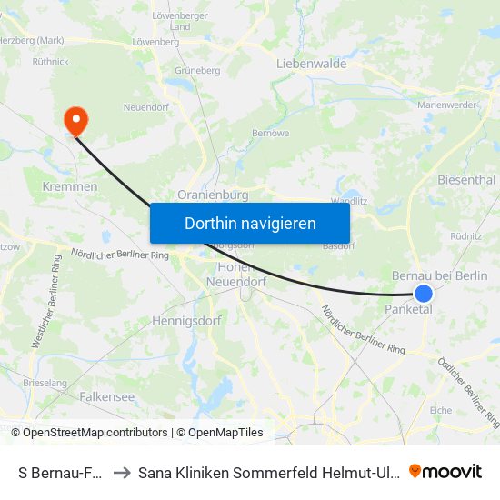 S Bernau-Friedenstal to Sana Kliniken Sommerfeld Helmut-Ulrici-Kliniken Kremmen OT map