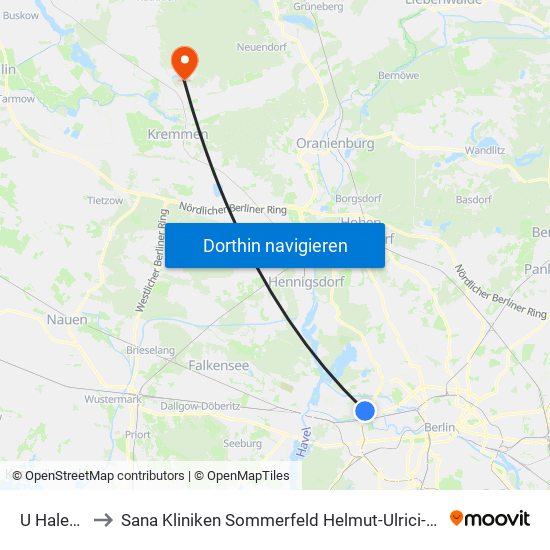 U Halemweg to Sana Kliniken Sommerfeld Helmut-Ulrici-Kliniken Kremmen OT map