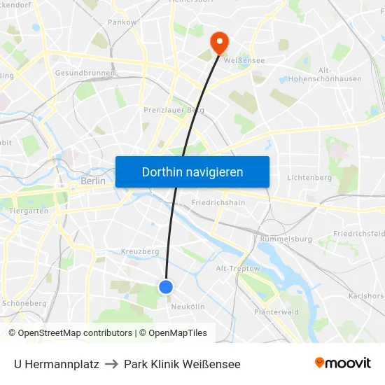 U Hermannplatz to Park Klinik Weißensee map