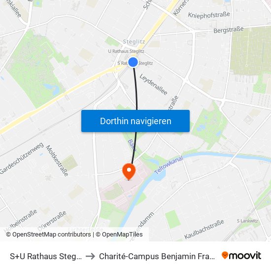 S+U Rathaus Steglitz to Charité-Campus Benjamin Franklin map