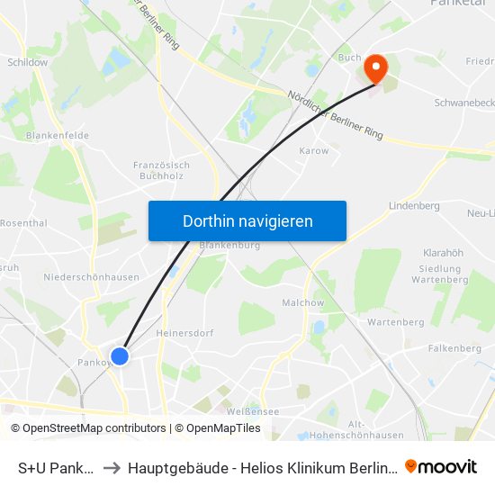 S+U Pankow to Hauptgebäude - Helios Klinikum Berlin Buch map