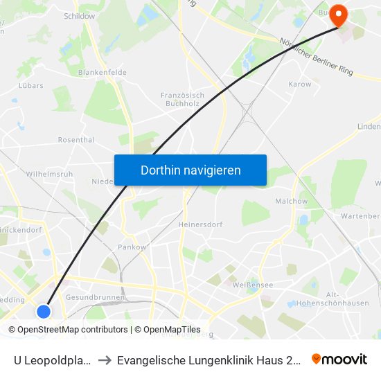 U Leopoldplatz to Evangelische Lungenklinik Haus 205 map