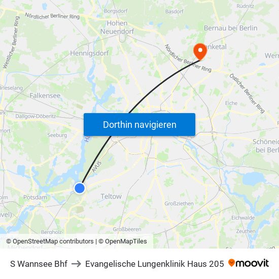 S Wannsee Bhf to Evangelische Lungenklinik Haus 205 map