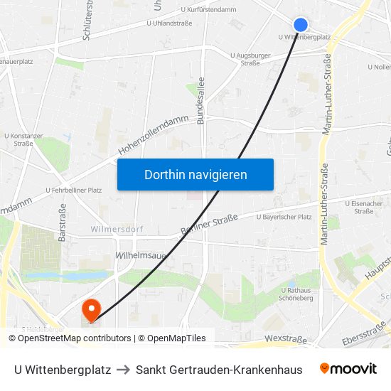 U Wittenbergplatz to Sankt Gertrauden-Krankenhaus map