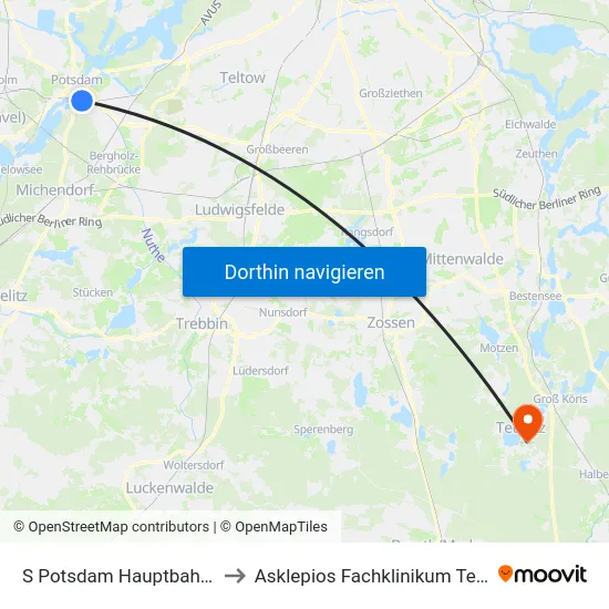 S Potsdam Hauptbahnhof to Asklepios Fachklinikum Teupitz map