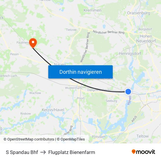 S Spandau Bhf to Flugplatz Bienenfarm map
