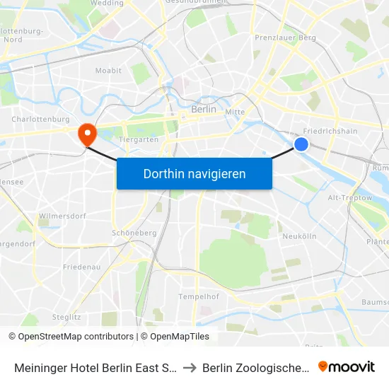 Meininger Hotel Berlin East Side Gallery to Berlin Zoologischer Garten map