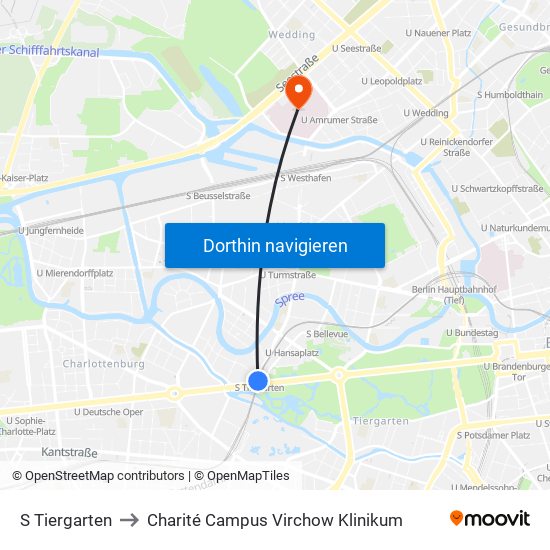 S Tiergarten to Charité Campus Virchow Klinikum map