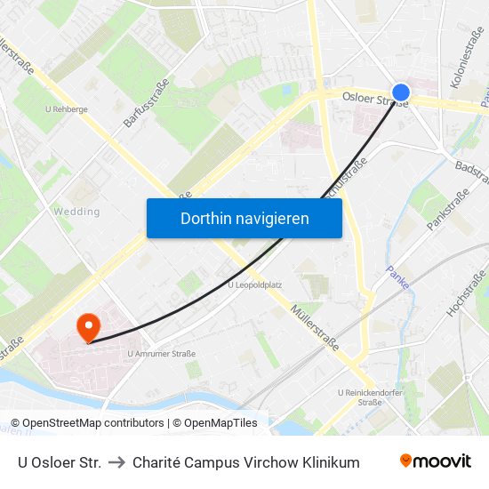 U Osloer Str. to Charité Campus Virchow Klinikum map