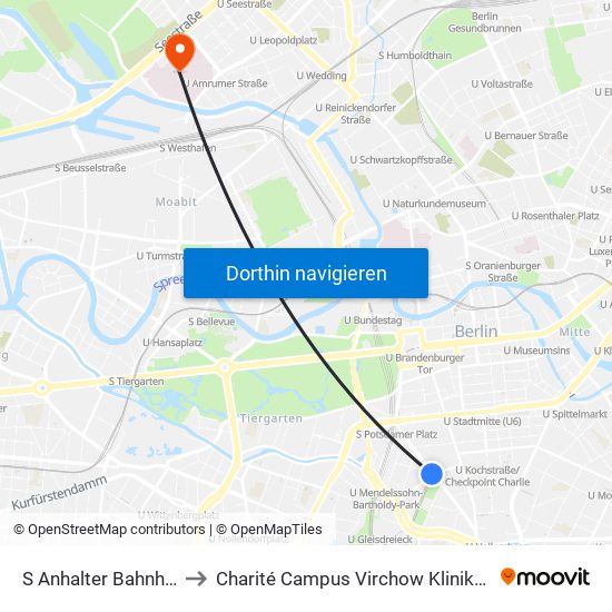 S Anhalter Bahnhof to Charité Campus Virchow Klinikum map