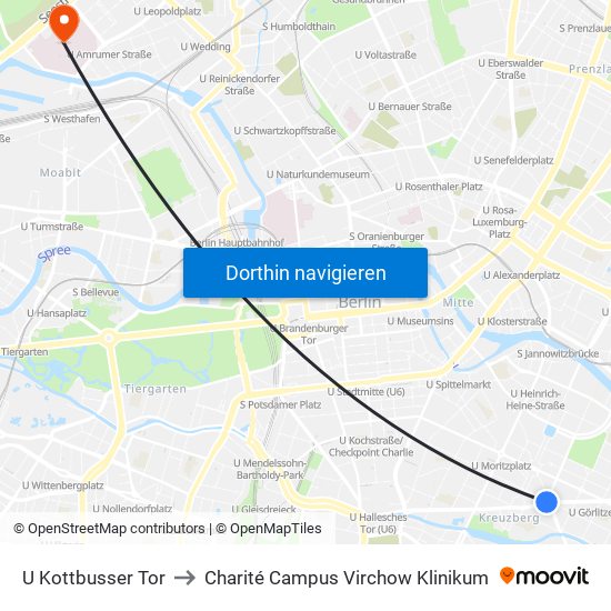 U Kottbusser Tor to Charité Campus Virchow Klinikum map