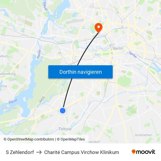 S Zehlendorf to Charité Campus Virchow Klinikum map