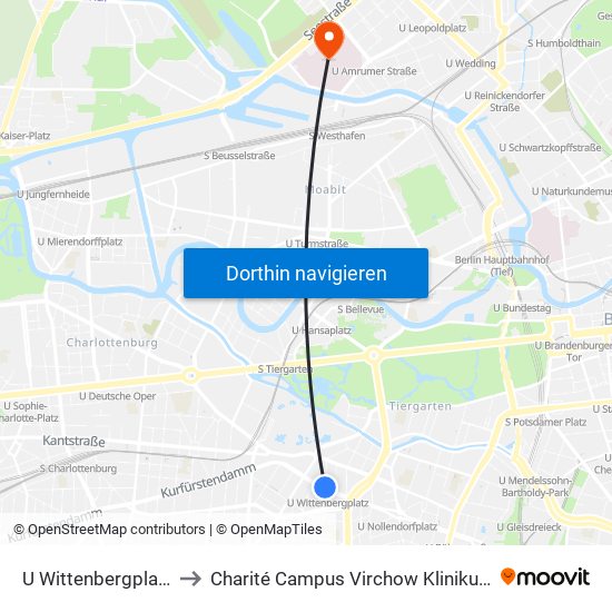 U Wittenbergplatz to Charité Campus Virchow Klinikum map