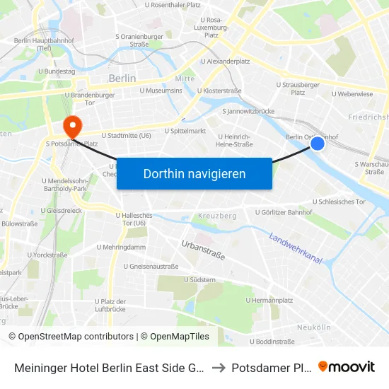 Meininger Hotel Berlin East Side Gallery to Potsdamer Platz map