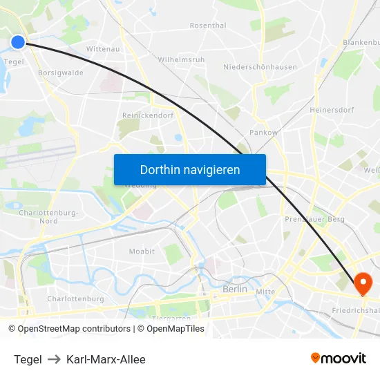 Tegel to Karl-Marx-Allee map