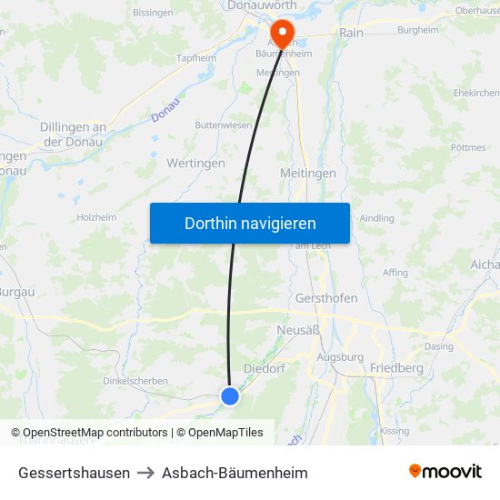 Gessertshausen to Asbach-Bäumenheim map