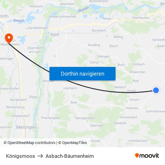 Königsmoos to Asbach-Bäumenheim map