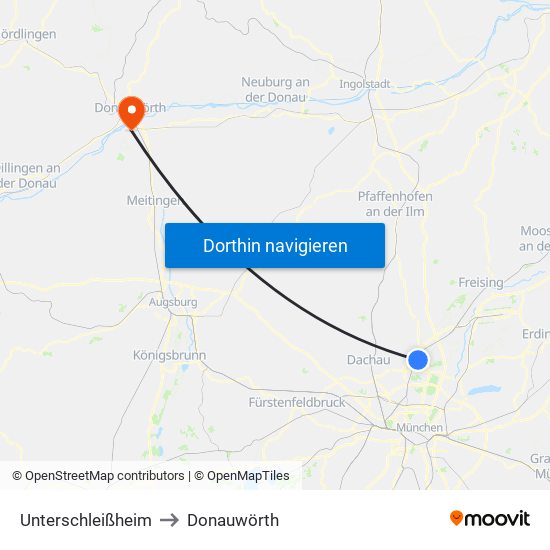 Unterschleißheim to Donauwörth map