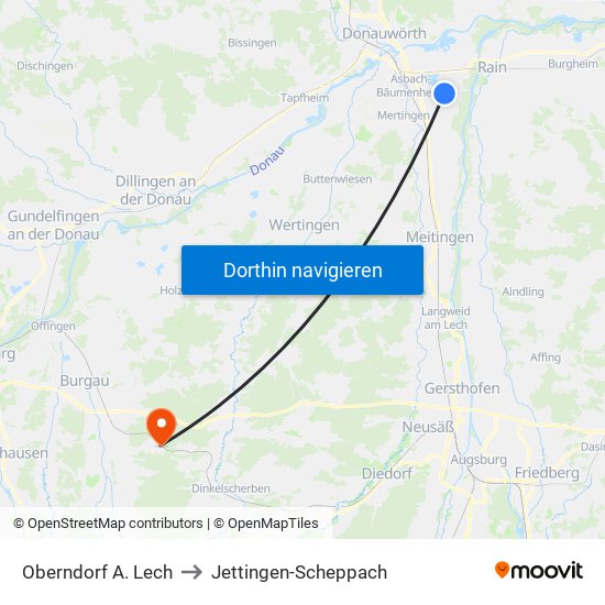 Oberndorf A. Lech to Jettingen-Scheppach map