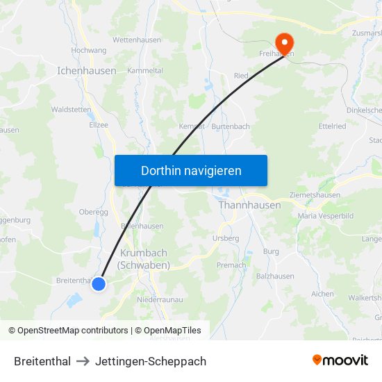 Breitenthal to Jettingen-Scheppach map