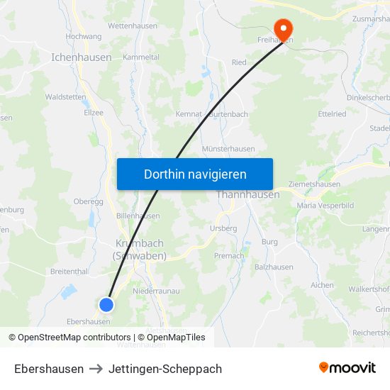 Ebershausen to Jettingen-Scheppach map