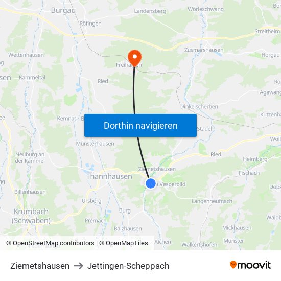 Ziemetshausen to Jettingen-Scheppach map