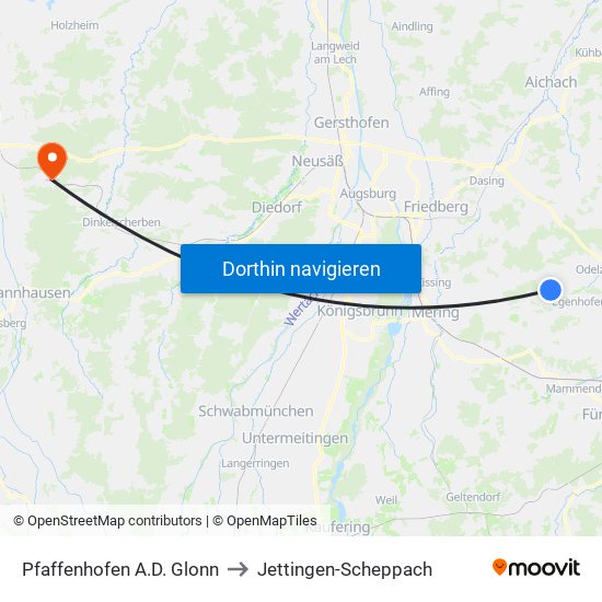 Pfaffenhofen A.D. Glonn to Jettingen-Scheppach map
