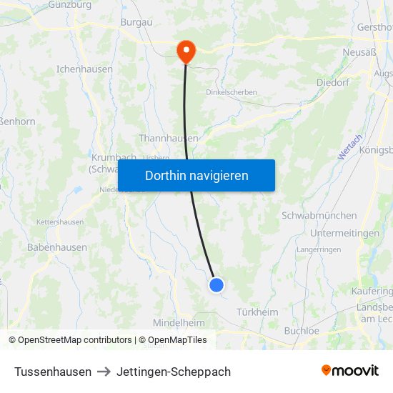 Tussenhausen to Jettingen-Scheppach map