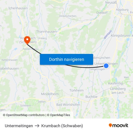 Untermeitingen to Krumbach (Schwaben) map