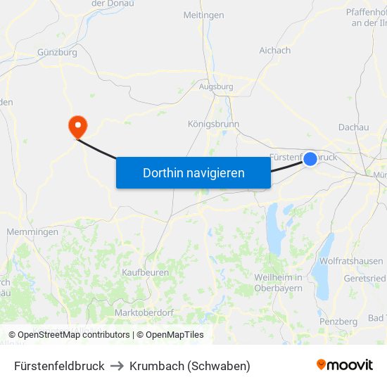 Fürstenfeldbruck to Krumbach (Schwaben) map
