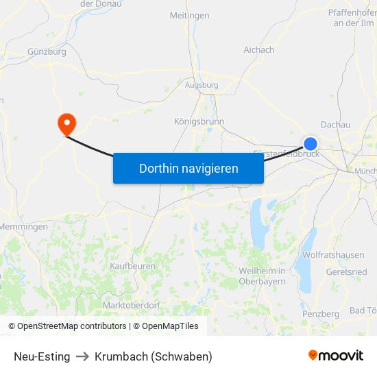 Neu-Esting to Krumbach (Schwaben) map