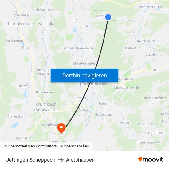 Jettingen-Scheppach to Aletshausen map
