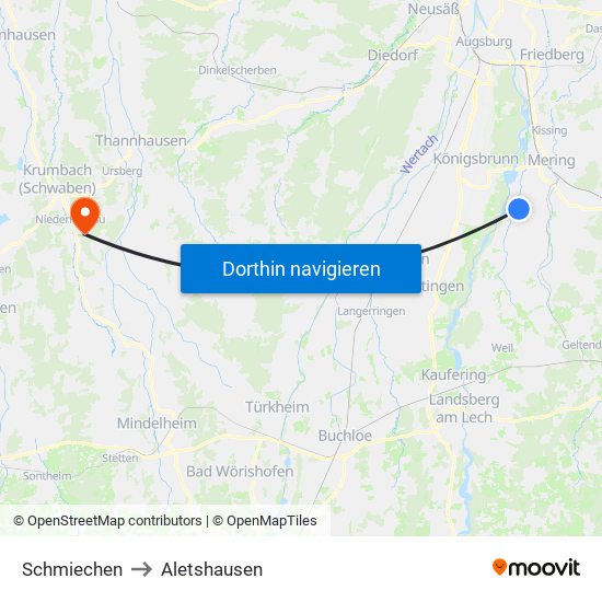 Schmiechen to Aletshausen map