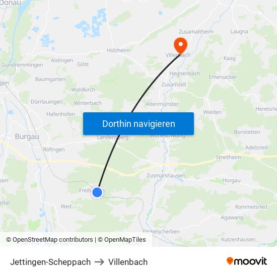 Jettingen-Scheppach to Villenbach map