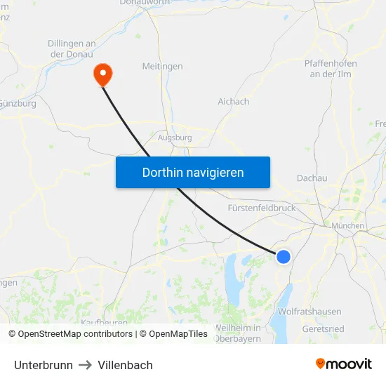 Unterbrunn to Villenbach map