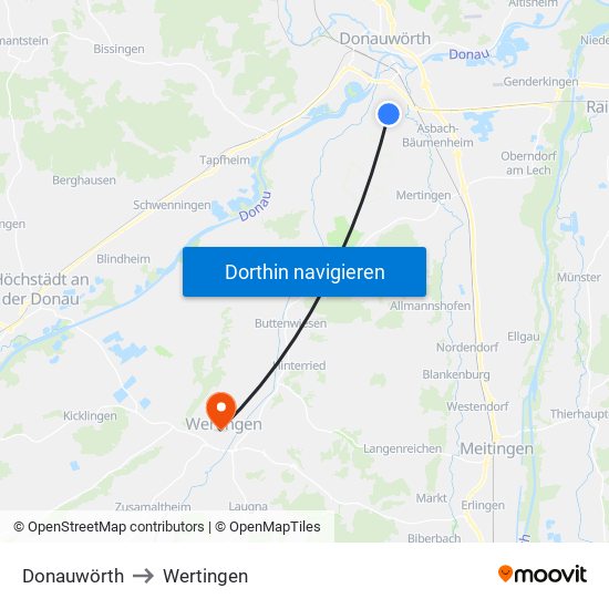 Donauwörth to Wertingen map