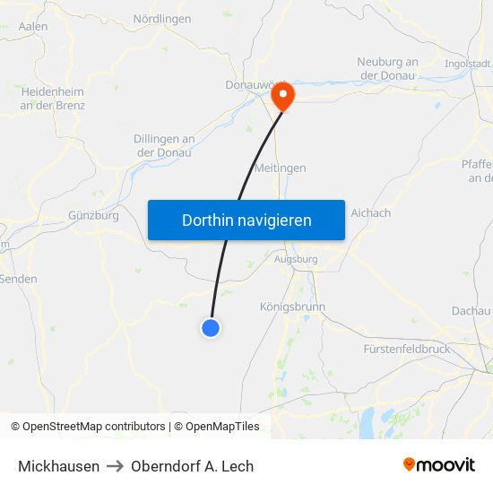 Mickhausen to Oberndorf A. Lech map