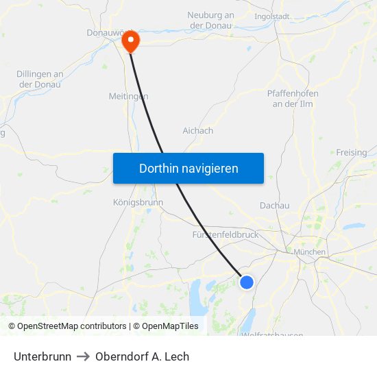 Unterbrunn to Oberndorf A. Lech map