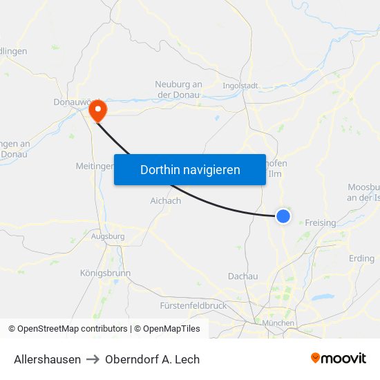 Allershausen to Oberndorf A. Lech map