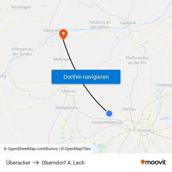 Überacker to Oberndorf A. Lech map